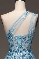 Load image into Gallery viewer, Light Blue A-Line One Shoulder Sequin Formal Dress with Appliques