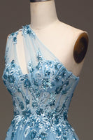 Load image into Gallery viewer, Light Blue A-Line One Shoulder Sequin Formal Dress with Appliques
