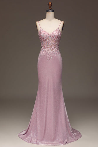 Glitter Blush Mermaid Spaghetti Straps Long Formal Dress with Beading