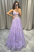 Load image into Gallery viewer, Elegant Purple A Line Tulle Long Formal Dress With Appliques