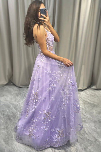 Elegant Purple A Line Tulle Long Formal Dress With Appliques