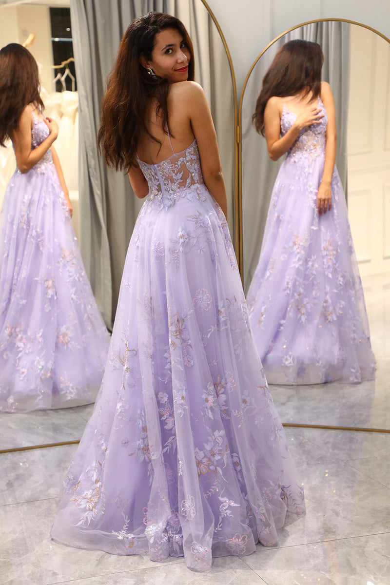 Load image into Gallery viewer, Elegant Purple A Line Tulle Long Formal Dress With Appliques