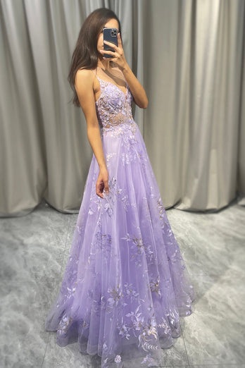 Elegant Purple A Line Tulle Long Formal Dress With Appliques
