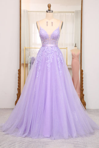 Lilac A-Line Spaghetti Straps Long Beaded and Tulle Formal Dress with Appliques