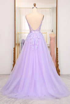 Lilac A-Line Spaghetti Straps Long Beaded and Tulle Formal Dress with Appliques
