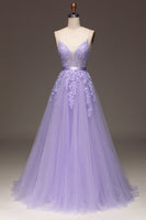 Load image into Gallery viewer, Purple Beaded Tulle Formal Dress with Appliques