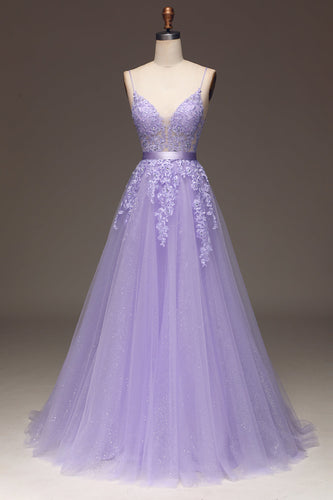 Purple Beaded Tulle Formal Dress with Appliques