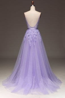 Purple Beaded Tulle Formal Dress with Appliques