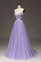 Load image into Gallery viewer, Purple Beaded Tulle Formal Dress with Appliques
