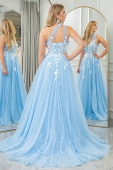 Light Blue A Line One Shoulder Tulle Long Formal Dress With Appliques