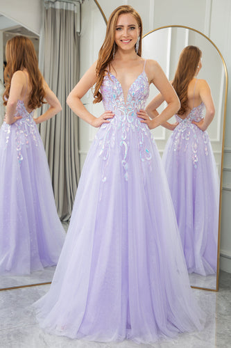 Lilac A Line Tulle Backless Long Formal Dress With Sequined Appliques