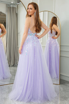 Lilac A Line Tulle Backless Long Formal Dress With Sequined Appliques