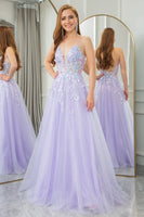 Load image into Gallery viewer, Lilac A Line Tulle Backless Long Formal Dress With Sequined Appliques