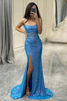 Load image into Gallery viewer, Glitter Blue Mermaid Square Neck Long Formal Dress With Slit