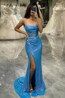 Load image into Gallery viewer, Glitter Blue Mermaid Square Neck Long Formal Dress With Slit