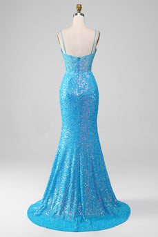 Spaghetti Straps Blue Sparkly Corset Formal Dress with Slit