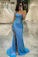 Load image into Gallery viewer, Glitter Blue Mermaid Square Neck Long Formal Dress With Slit