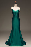 Load image into Gallery viewer, Satin Mermaid Lace-Up Back Dark Green Formal Dress