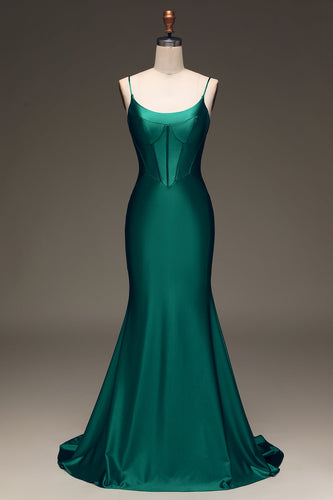 Satin Mermaid Lace-Up Back Dark Green Formal Dress
