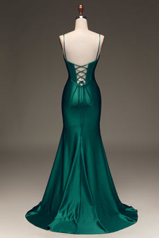 Satin Mermaid Lace-Up Back Dark Green Formal Dress