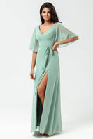 Load image into Gallery viewer, A-Line V-Neck Matcha Long Bridesmaid Dress with Slit