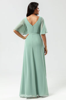 A-Line V-Neck Matcha Long Bridesmaid Dress with Slit