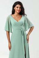 Load image into Gallery viewer, A-Line V-Neck Matcha Long Bridesmaid Dress with Slit