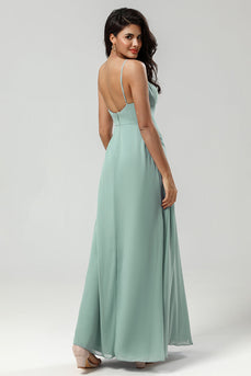 Spaghetti Straps Sleeveless Matcha Bridesmaid Dress with Slit