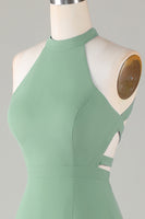 Load image into Gallery viewer, A-Line Halter Open Back Matcha Bridesmaid Dress with Split Front