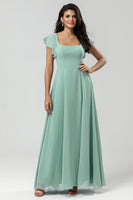 Load image into Gallery viewer, A-Line Square Neck Matcha Bridesmaid Dress with Ruffles