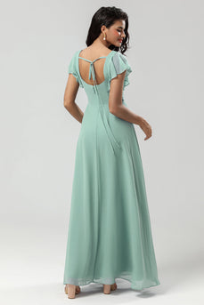 A-Line Square Neck Matcha Bridesmaid Dress with Ruffles