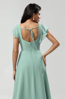 Load image into Gallery viewer, A-Line Square Neck Matcha Bridesmaid Dress with Ruffles
