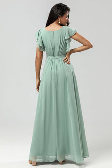 Boat Neck Matcha Long Bridesmaid Dress with Ruffles