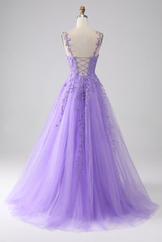 Lilac A-Line Spaghetti Straps Long Formal Dress with Appliques