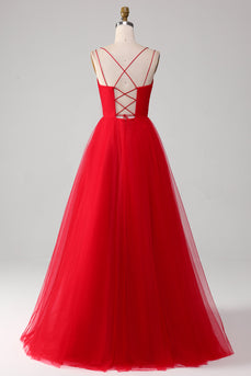 Spaghetti Straps A-Line Red Long Formal Dress with Cross Criss Back