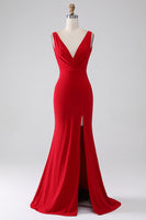 Load image into Gallery viewer, Mermaid V-Neck Red Formal Dress with Slit