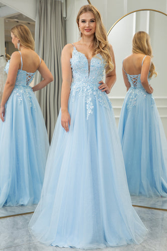 Light Blue A Line Tulle Long Formal Dress With Appliques