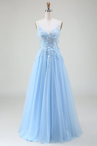 A-Line Light Blue Formal Dress with Appliques