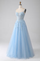 Load image into Gallery viewer, A-Line Light Blue Corset Long Formal Dress with Appliques