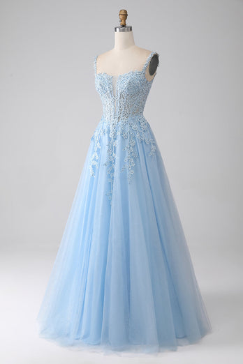 A-Line Light Blue Corset Long Formal Dress with Appliques