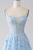 Load image into Gallery viewer, A-Line Light Blue Corset Long Formal Dress with Appliques