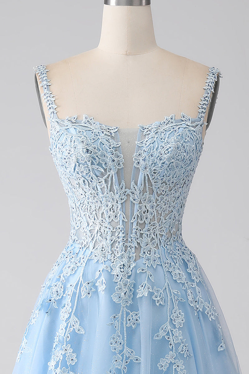 Load image into Gallery viewer, A-Line Light Blue Corset Long Formal Dress with Appliques