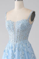 Load image into Gallery viewer, A-Line Light Blue Corset Long Formal Dress with Appliques