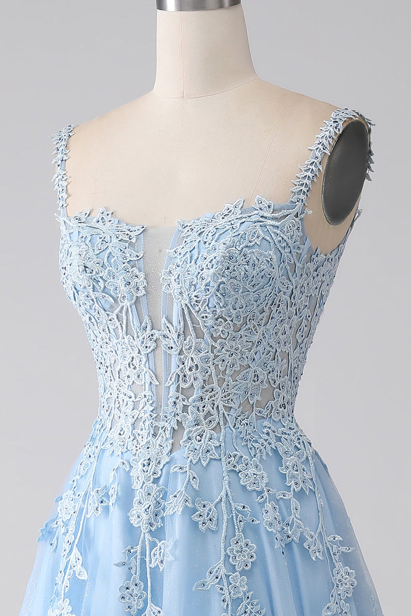 Load image into Gallery viewer, A-Line Light Blue Corset Long Formal Dress with Appliques