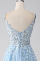 Load image into Gallery viewer, A-Line Light Blue Corset Long Formal Dress with Appliques
