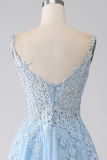 A-Line Light Blue Corset Long Formal Dress with Appliques