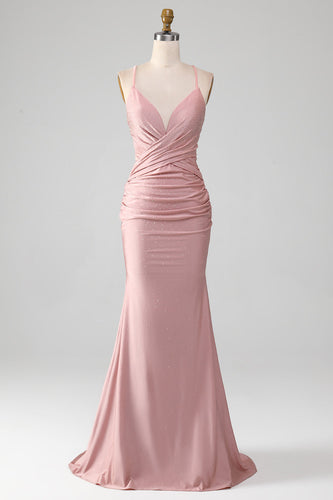 Sparkly Blush Beaded Long Mermaid Formal Dress