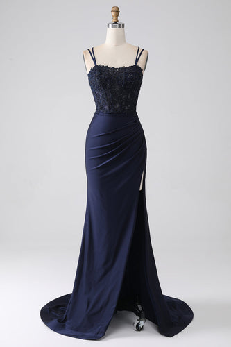 Mermaid Beaded Navy Formal Dress with Ruffles