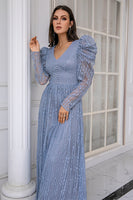 Load image into Gallery viewer, Blue Lace Mother Of The Bride Dress with Sleeves