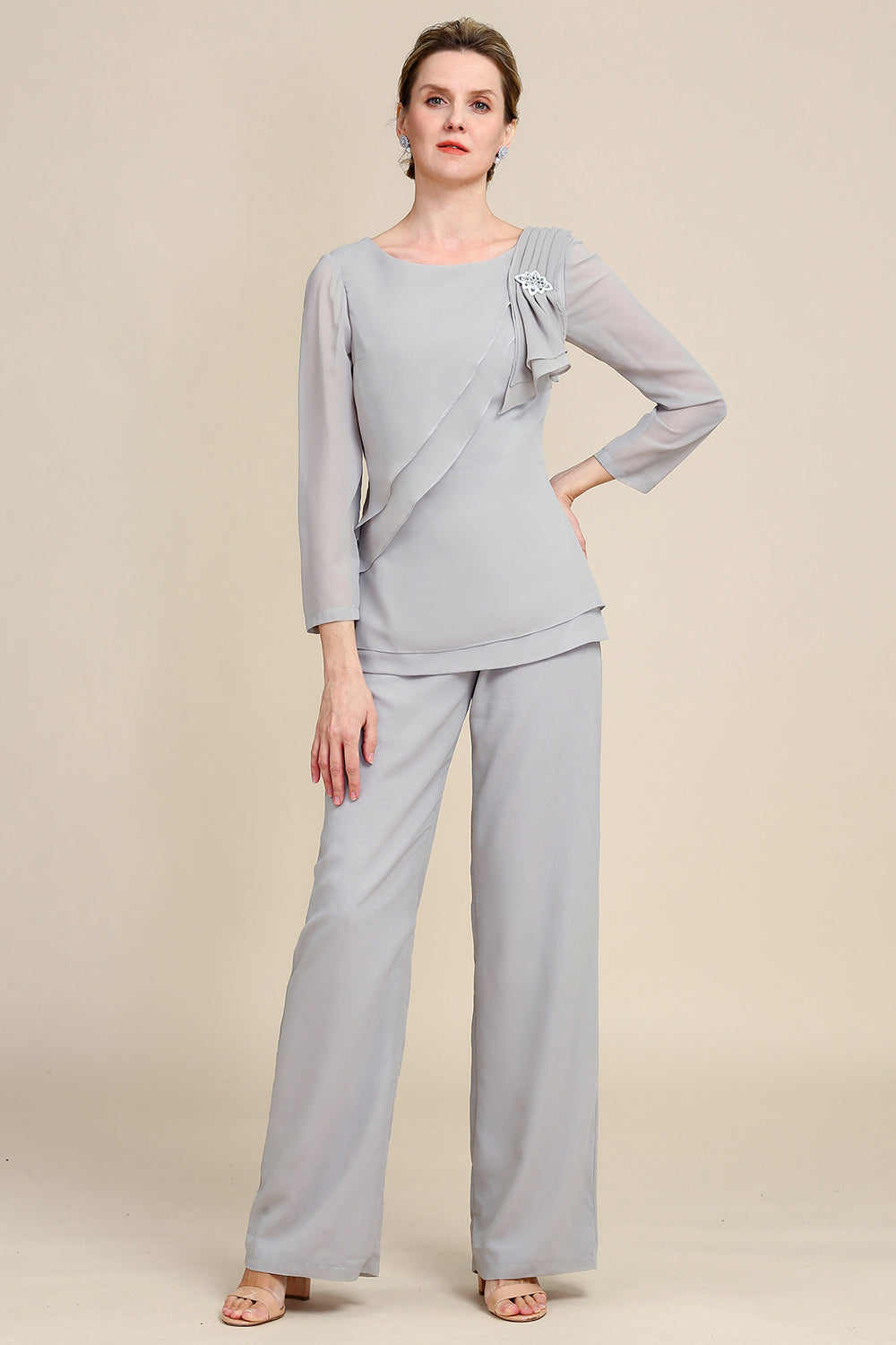 Grey Long Sleeves 2 Piece Mother of the Bride Pant Suits